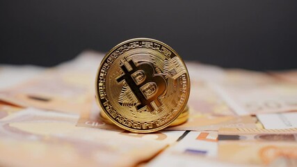 Bitcoin coin standing on euro banknotes, symbolizing digital and fiat money - Powered by Adobe