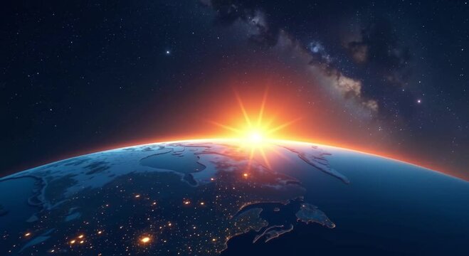 earth illuminated sun stars night sky sun rays radiating outwards center planet stars twi