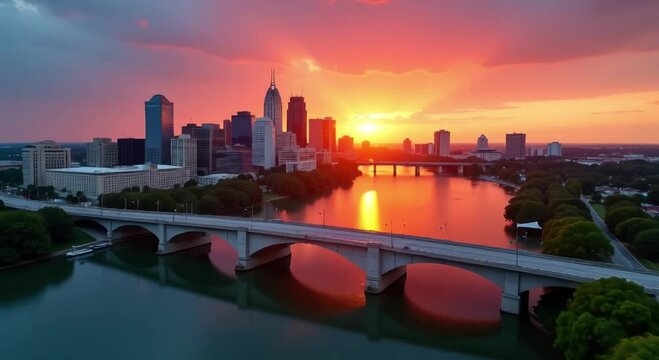 skyline indianapolis indiana sunset bridge spanning body water vehicles road trees light poles buildings