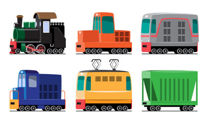 Train vehicles transportation cartoon illustration . Includes steam locomotive, diesel docomotive, passenger car, electric locomotive, electric multiple unit and open wagon . Set 1 of 3 . Vector .
