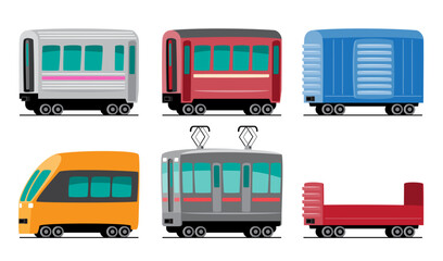 Train vehicles transportation cartoon illustration . Includes passenger car or coach, boxcar , high-speed train, tram and flat wagon . Set 3 of 3 . Vector .