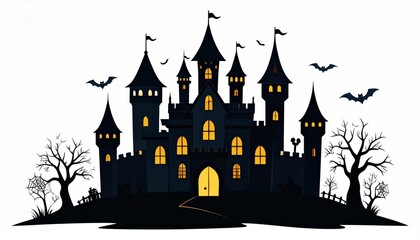 Obraz premium Medieval fairy tale castle vector illustration with a towering fantasy fortress on a hill, bathed in the night's glow
