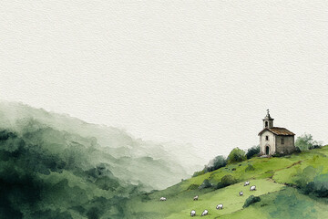 Galician postcard: watercolor illustration of misty green hills, small stone chapel, cruceiro (stone cross), grazing sheep in distance, minimalistic composition, top corner empty for text overlay