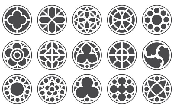 Gothic circle rose window with medieval ornament. Silhouettes of cathedral rosettes. Christian architecture elements with stained glass on white background. Radial vector frame.