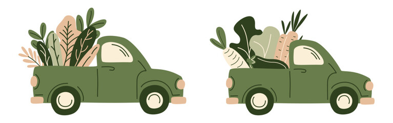 Vintage green pickup trucks loaded with fresh farm produce. Hand-drawn, organic vector illustration featuring vegetables and leafy greens. Perfect for farmers markets, organic food, countryside