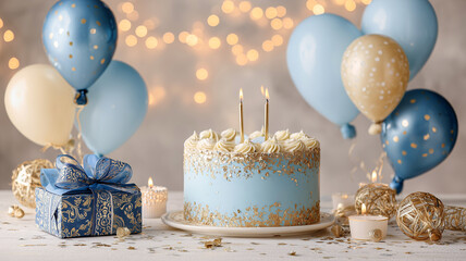Enchanting birthday setup presented with glowing floating candles and sleek blue and gold themed cake display