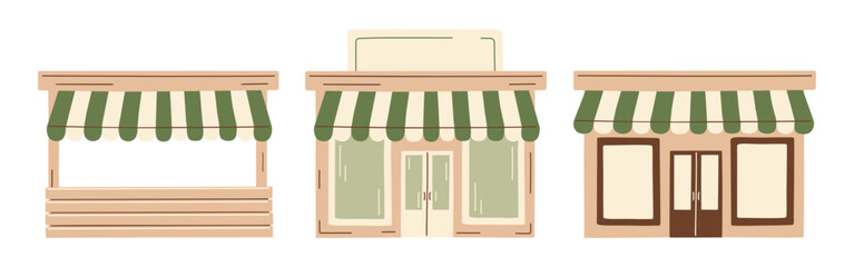 Cozy wooden vendor stand, small shop, market stall, bakery set vector illustration, cute storefront with green striped awning, vintage aesthetic. Hand-drawn clipart for local business branding design.