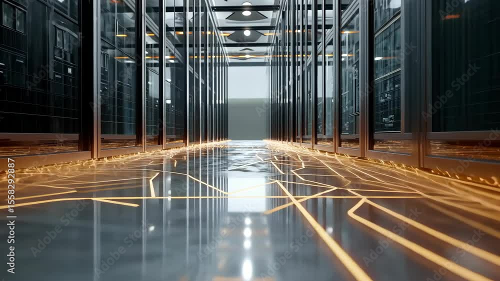 Poster a futuristic data center with glowing cables, showcasing modern computing infrastructure and digital