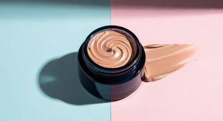 A jar of foundation with a swirl sits on a split pink and blue background