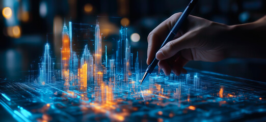 An architect brings architectural designs to life with 3D holographic construction models. The concept of innovation in architecture and futuristic design. Generative Ai.