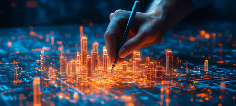 An architect brings architectural designs to life with 3D holographic construction models. The concept of innovation in architecture and futuristic design. Generative Ai.