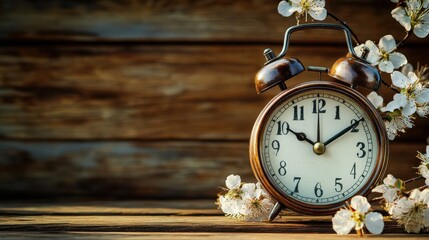 Antique Alarm Clock Set for Daylight Savings: Spring Time Change Over a Rustic Wooden Table