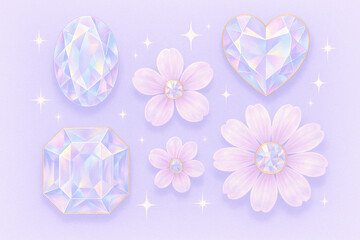 Violet Pastel Crystal and Flower Set with Gold Accent Illustration
