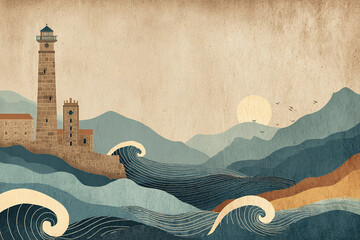 Vintage Galician travel poster concept: retro-style composition with symbolic elements, lighthouse, gaita, waves, stone church, textured paper background, space for text