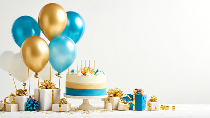 Luxurious birthday celebration featuring blue-gold cake, glowing candles, and gift boxes under soft lighting