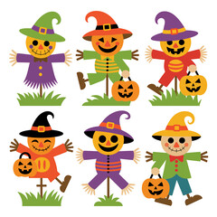 Vector art of colorful halloween scarecrows with pumpkins isolated on white background
