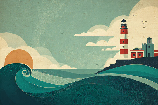 Vintage Galician travel poster concept: retro-style composition with symbolic elements, lighthouse, gaita, waves, stone church, textured paper background, space for text