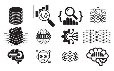 Black and white minimal machine learning and AI vector icons set, neural networks, robot, data analysis
