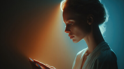 Young woman with illuminated face looking at her phone in dim lighting, creating contemplative mood, emphasizing technology and introspection
