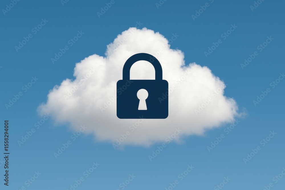 Poster secured cloud: a symbolic depiction of data security and privacy, a padlock emblem floats above a fl