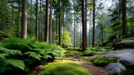 Obraz premium Lush green ferns and moss growing in a peaceful forest
