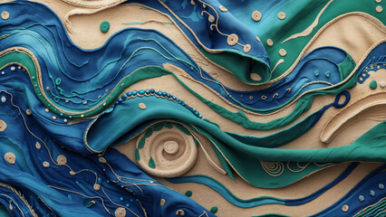 Flowing batik waves in ocean tones with abstract lines, soft curves, and cultural textile textures.