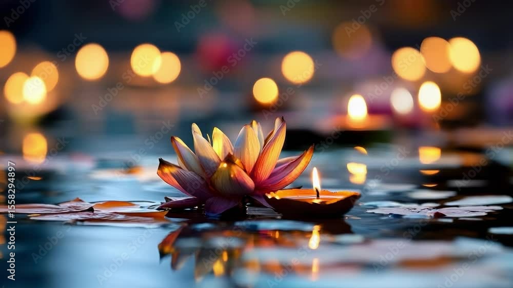 Poster a serene water scene with a lotus flower and floating candles, creating a tranquil and enchanting at
