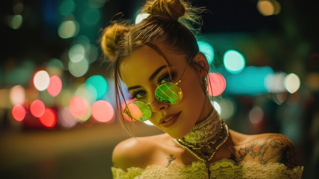 Tattooed woman with two bun hairstyle, green sunglasses reflecting city lights, glowing circular aura, and vibrant urban setting, styled with layered jewelry and choker