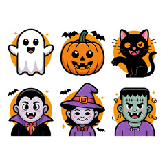Vector art of halloween characters including a ghost pumpkin and vampire