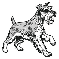 A dignified Schnauzer in midstride, rendered in stylized black and white