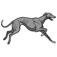A stylized grey greyhound running at full speed with black outlines