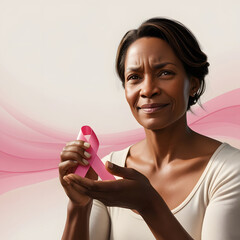 Woman Holding Pink Breast Cancer Awareness Ribbon, Demonstrating Support