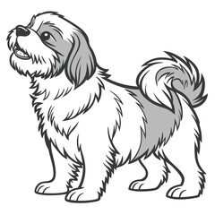 Black and white cartoon illustration of a cute happy Shih Tzu dog