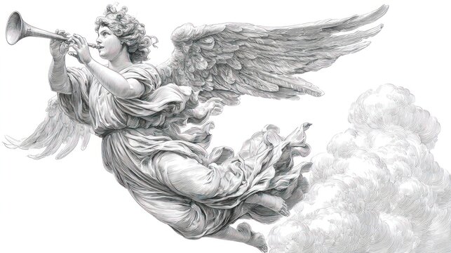 Flying angel playing a horn, clouds