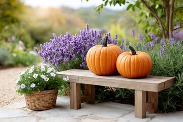 Pumpkins resting on wooden bench in autumn garden with lavender and white flowers