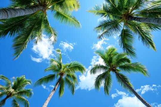 Tropical Paradise: Lush Palm Trees Reaching Towards the Clear Blue Sky in Boca Raton, Florida