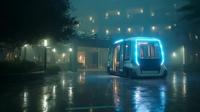 Autonomous Shuttle Bus with Blue Lights at Night in Front of a Hotel