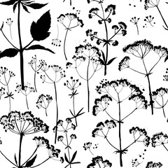 Seamless vector pattern with black silhouettes of wild meadow herbs and flowers. Botanical floral background for fabric, wrapping paper, eco packaging, wallpapers, and digital design.