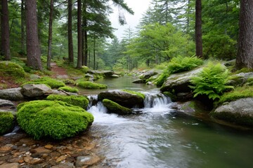 Pristine stream flowing through lush forest with moss covered rocks