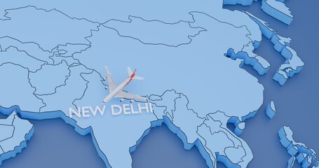 India, New Delhi, abstract illustration of an airplane map, air travel concept