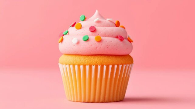 Delicious cupcake with pink frosting and colorful sprinkles, set against a soft pink background, showcasing a delightful dessert perfect for celebrations or special occasions, evoking sweetness and jo