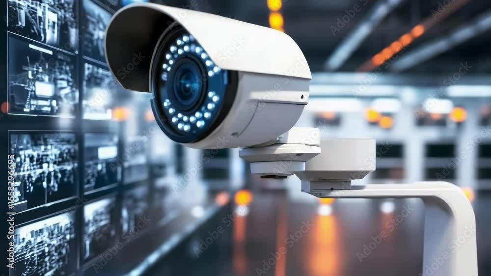 Poster a security camera with a digital display showing surveillance footage or data in a tech environment.