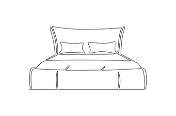 Continuous one line drawing of Bedroom with Bed Furniture. Single line drawing illustration of Cozy bedroom interior. Simple House concept vector art. Doodle line illustration.