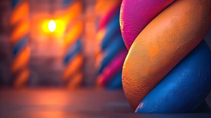 Colorful twisted columns illuminated by warm light, creating a vibrant artistic atmosphere