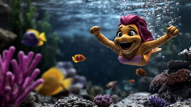 Colorful underwater scene featuring a joyful animated character swimming among vibrant fish and coral