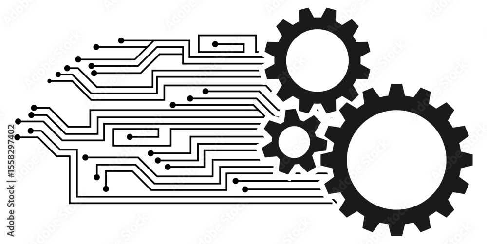 Poster gear cog and circuit line icon vector, combining mechanics and electronics. ideal for technology, en