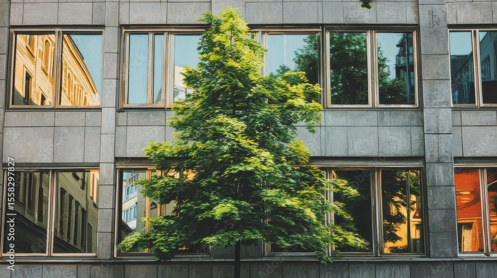 Poster a building with a green tree reflected in its windows