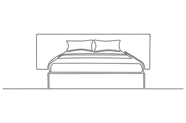 Continuous one line drawing of Bedroom with Bed Furniture. Single line drawing illustration of Cozy bedroom interior. Simple House concept vector art. Doodle line illustration.