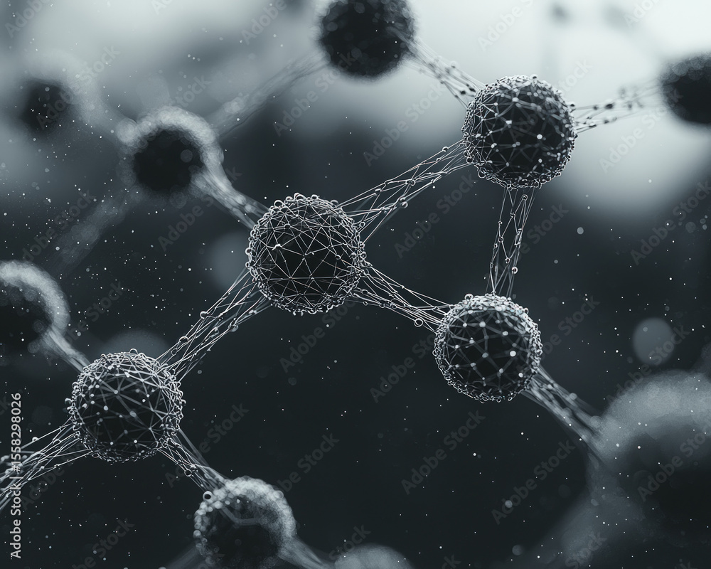 Poster abstract network of interconnected spheres, a grayscale microscopic view of a complex system. dark, 