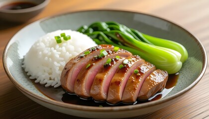 Homemade Chinese Five Spice Duck Breast with Rice and Bok Choy